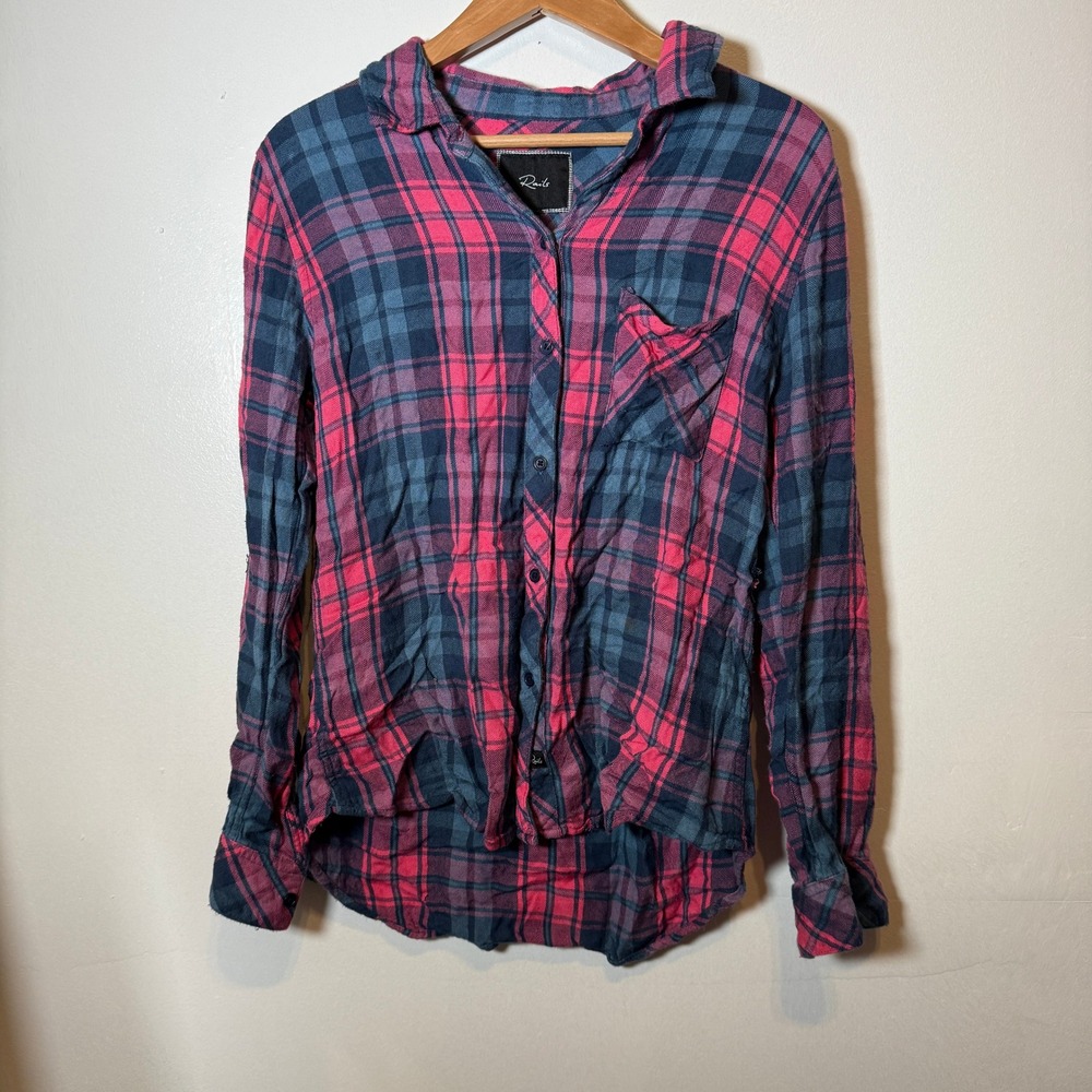 Rails Hunter Plaid Button Down Shirt Pink Navy Blue Long Sleeve Small
